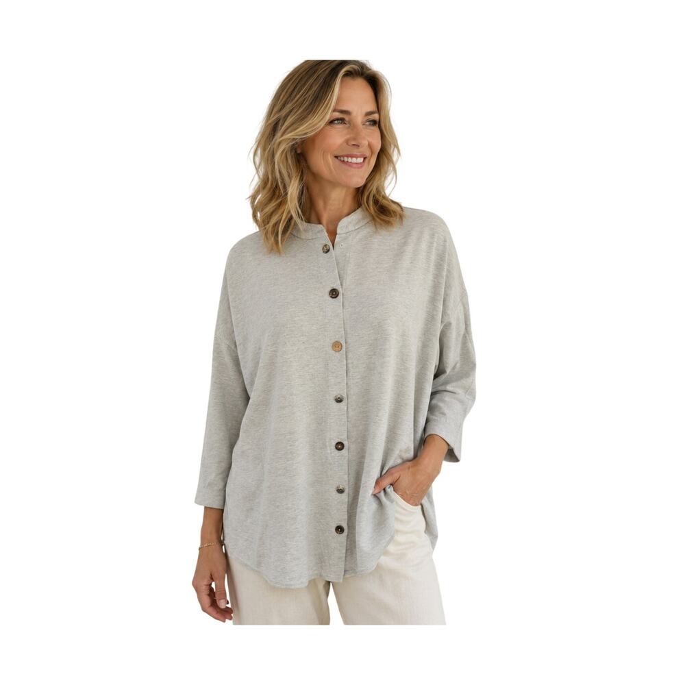 PL PETITE L grey tunic knit shaket button front with pockets soft surroundings